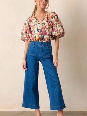 SPANX Bright Blue High-Rise Wide-Leg Jeans, stretchy sailor, size XL